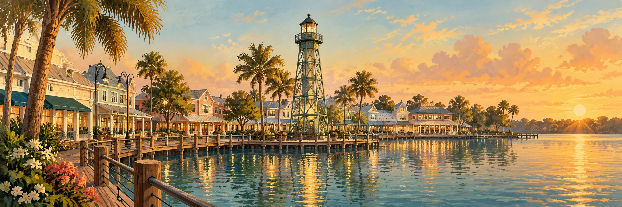 Illustration of the Lake Sumter waterfront and lighthouse
